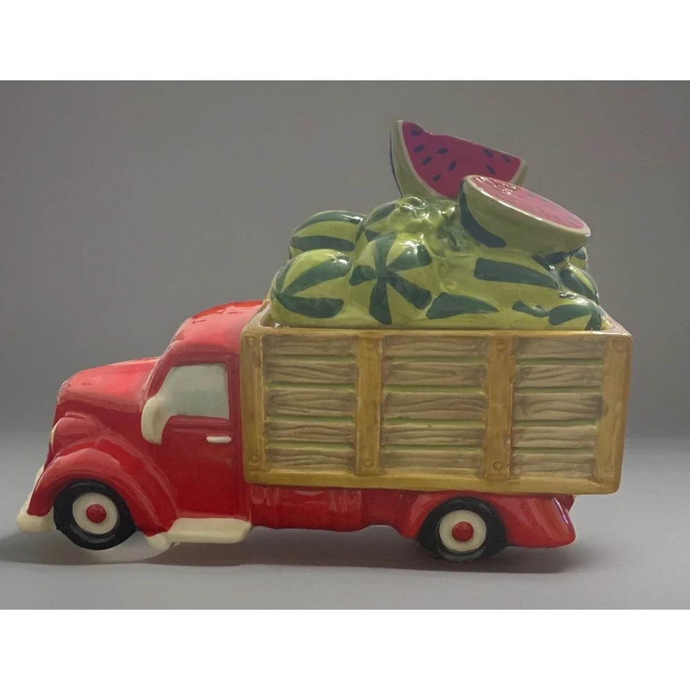 Vtg Pier 1 Imports Handpainted Watermelon Truck‎ Cookie Jar Red 10